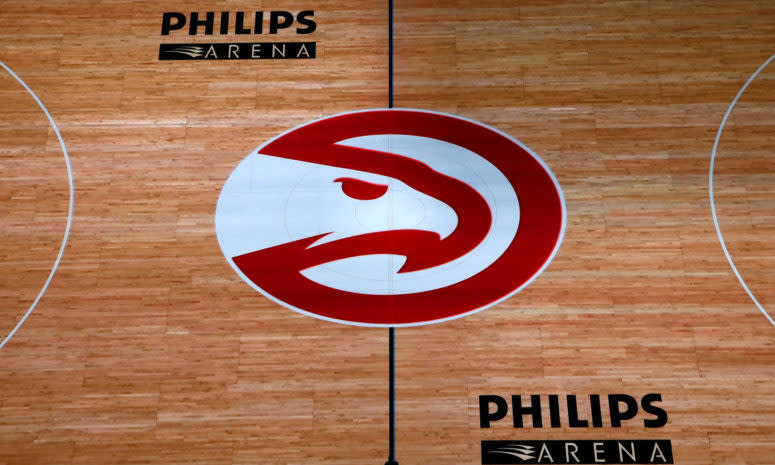 Center court of the Atlanta Hawks basketball court.