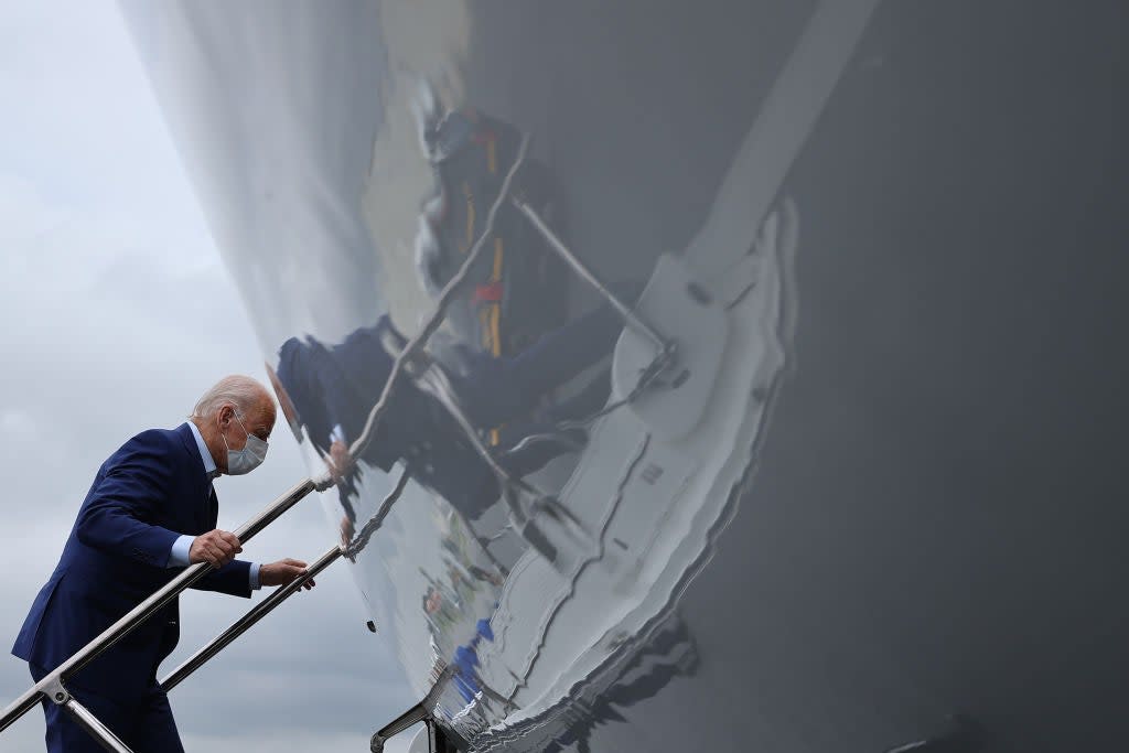 Joe Biden boards a plane to travel to Warren, Michigan, as he and Donald Trump – and their surrogates – focus on a handful of battleground states. (Getty Images)