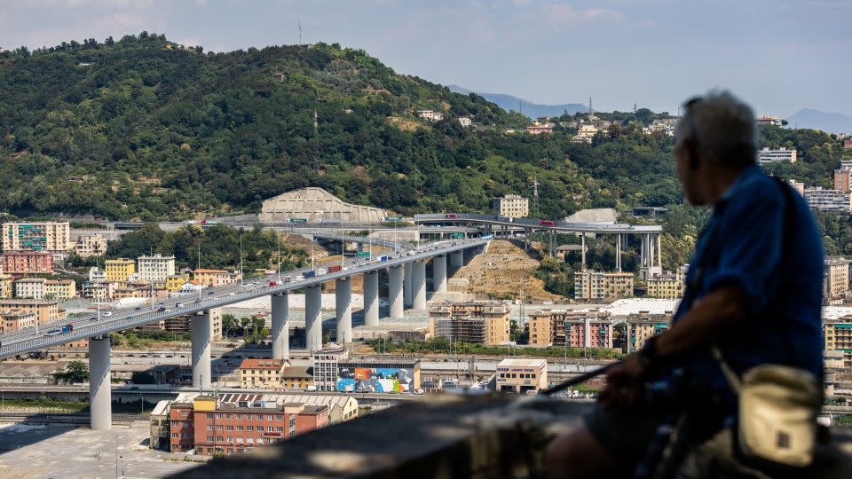 Genoa's San Giorgio highway bridge seen in July 2022. The bridge replaced the Morandi bridge, which collapsed in August 2018. - Mauro Ujetto/NurPhoto/Getty Images