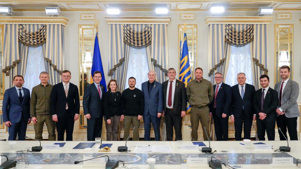 U.S. Rep. William Keating, D-Massachusetts, stands on Monday with other U.S. lawmakers and Ukrainian President Volodymyr Zelenskyy in Kyiv following the House vote to push a multibillion dollar aid package through to the U.S. Senate.