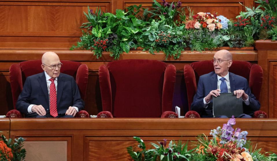 President Dallin H. Oaks, first counselor in the First Presidency, and President Henry B. Eyring, second counselor in the First Presidency, sit prior to the Sunday morning session of the 193rd Semiannual General Conference of The Church of Jesus Christ of Latter-day Saints at the Conference Center in Salt Lake City on Sunday, Oct. 1, 2023. President Russell M. Nelson was unable to attend. | Jeffrey D. Allred, Deseret News