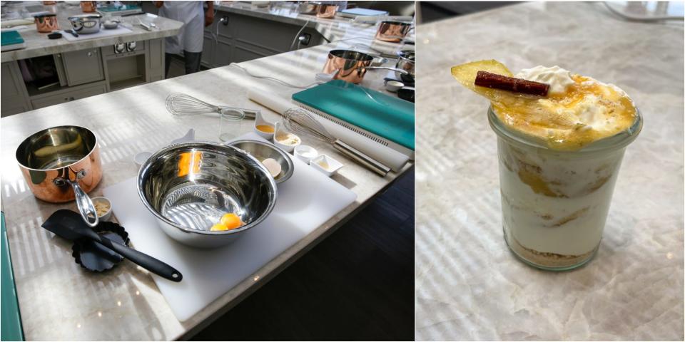 composite of cooking class and trifle on  Silversea's Silver Ray cruise ship