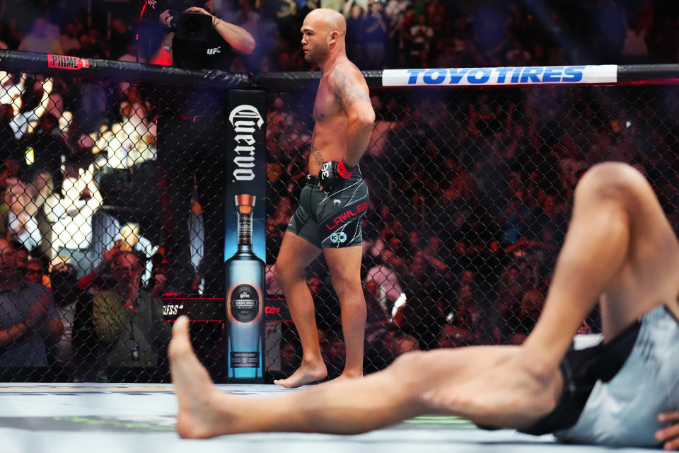 Robbie Lawler reacts to his knock out of Niko Price in a welterweight fight during the UFC 290 event at T-Mobile Arena on July 08, 2023 in Las Vegas, Nevada. (Photo by Chris Unger/Zuffa LLC via Getty Images)