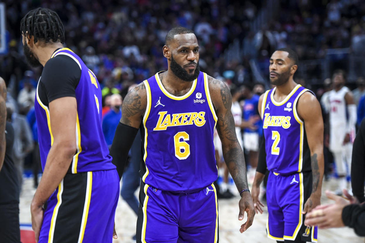 LeBron James of the Los Angeles Lakers is ejected against the Detroit Pistons.