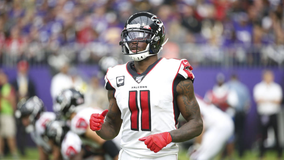 Atlanta Falcons wide receiver Julio Jones runs on the field during the second half of an NFL football game against the Minnesota Vikings, Sunday, Sept. 8, 2019, in Minneapolis. (AP Photo/Bruce Kluckhohn)