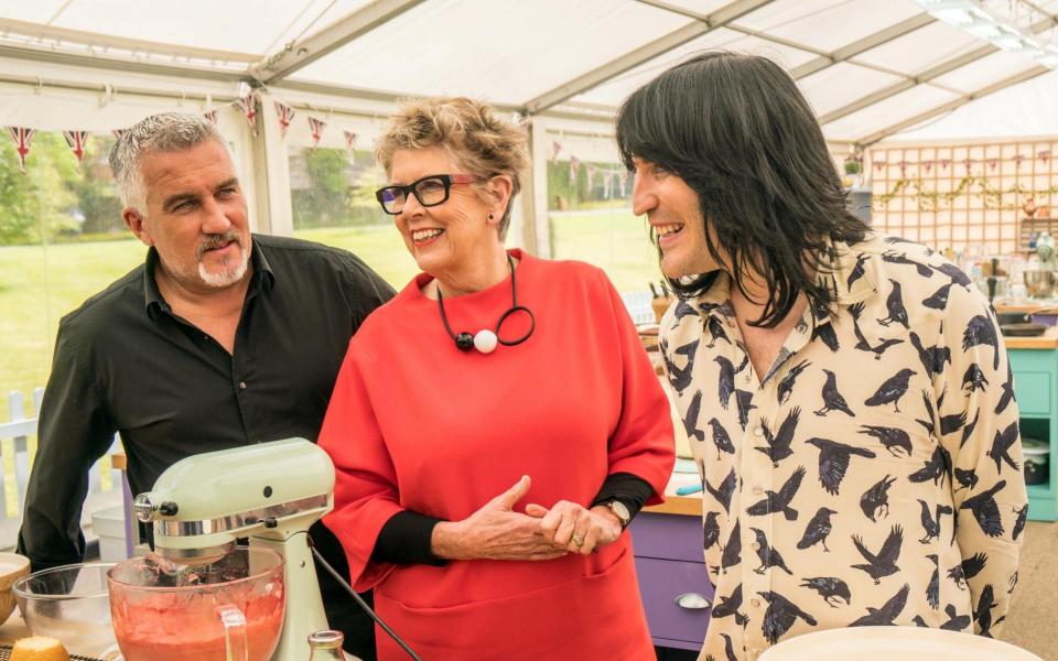 The judges and presenters for The Great British Bake Off (left to right) Paul Hollywood, Prue Leith and Noel Fielding - PA