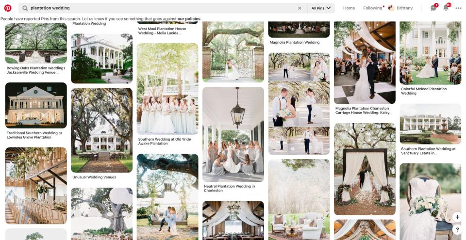 A current search for "plantation wedding" on Pinterest includes an advisory at the top reading that includes asking people to "let us know if you see something that goes against our policies." (Photo: Pinterest)