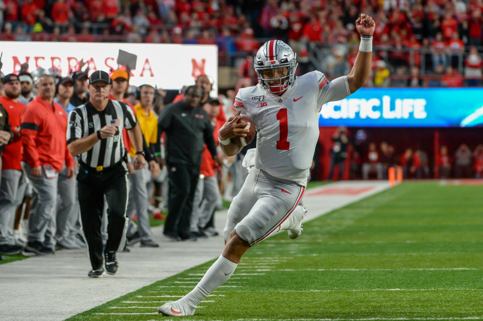 LINCOLN, NE - SEPTEMBER 28: Quarterback Justin Fields #1 of the Ohio State Buckeyes runs down the sidelines against the Nebraska Cornhuskers at Memorial Stadium on September 28, 2019 in Lincoln, Nebraska. (Photo by Steven Branscombe/Getty Images)