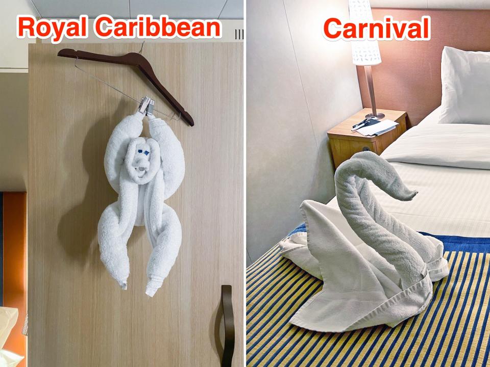 Towel animals on Royal Caribbean (L) and Carnival (R) cruises