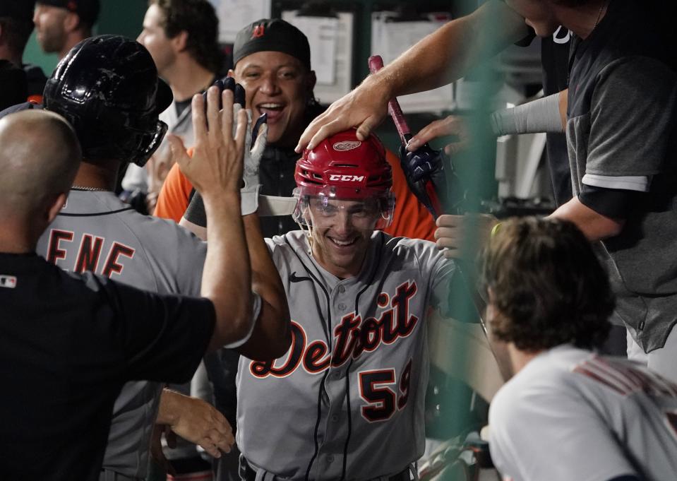 Tigers pinch hitter Zack Short celebrates his three-run home run in the sixth inning on Wednesday, May 24, 2023, in Kansas City, Missouri.