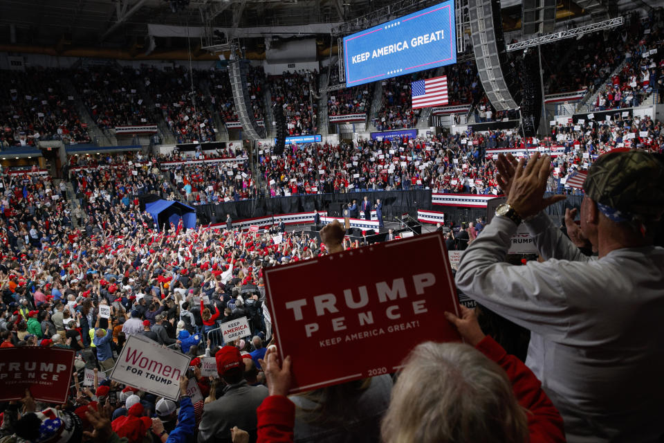 FILE - In this Feb. 28, 2020, file photo President Donald Trump speaks at a campaign rally in North Charleston, S.C. As the economy faces a once-in-a-century recession, with more than 38 million people out of work, Trump is increasingly talking up a future recovery that probably won't materialize until after the November election. (AP Photo/Jacquelyn Martin)