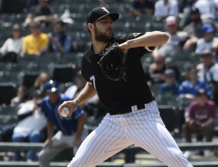 Apr 17, 2019; Chicago, IL, USA; Chicago White Sox starting pitcher Lucas Giolito (27) throws a pitch against the Kansas City Royals during the first inning at Guaranteed Rate Field. Mandatory Credit: David Banks-USA TODAY Sports