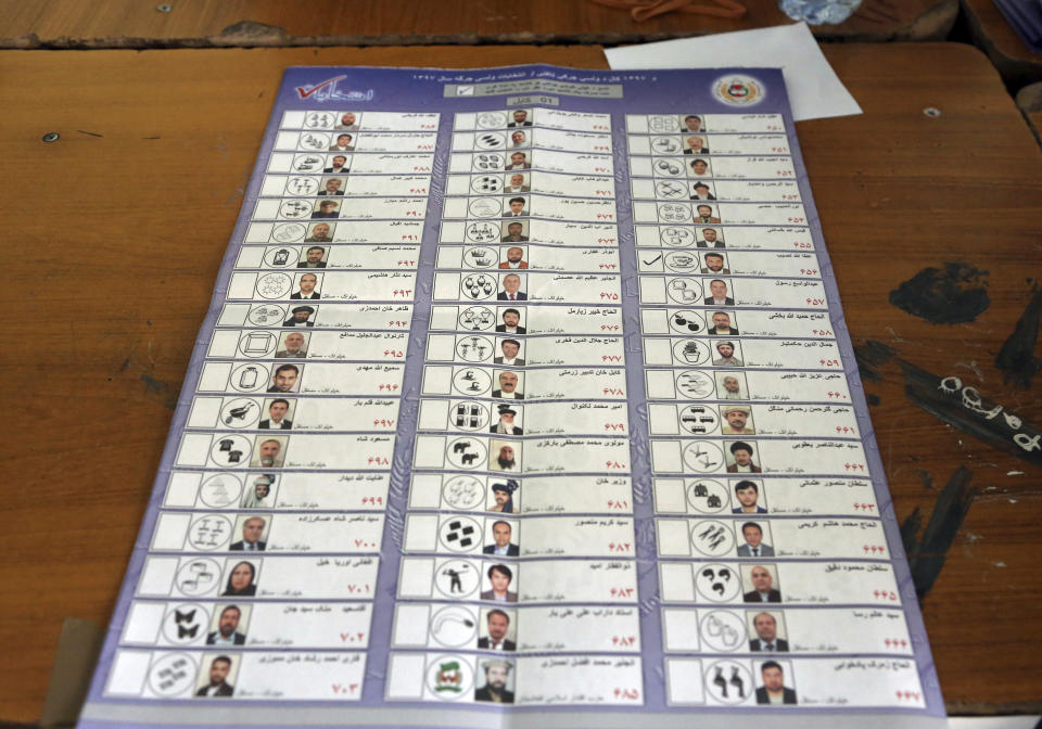 A ballot lies on a table at a polling station during parliamentary elections, in Kabul, Afghanistan, Sunday, Oct. 21, 2018. The elections entered a second day after delays caused by violence and technical issues, as a roadside bomb killed nearly a dozen civilians on Sunday, including several children. (AP Photo/Rahmat Gul)