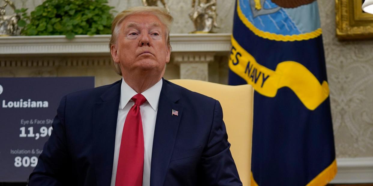 President Donald Trump attends a meeting about the coronavirus with Louisiana Gov. John Bel Edwards in the Oval Office of the White House, Wednesday, April 29, 2020, in Washington. (AP Photo/Evan Vucci)