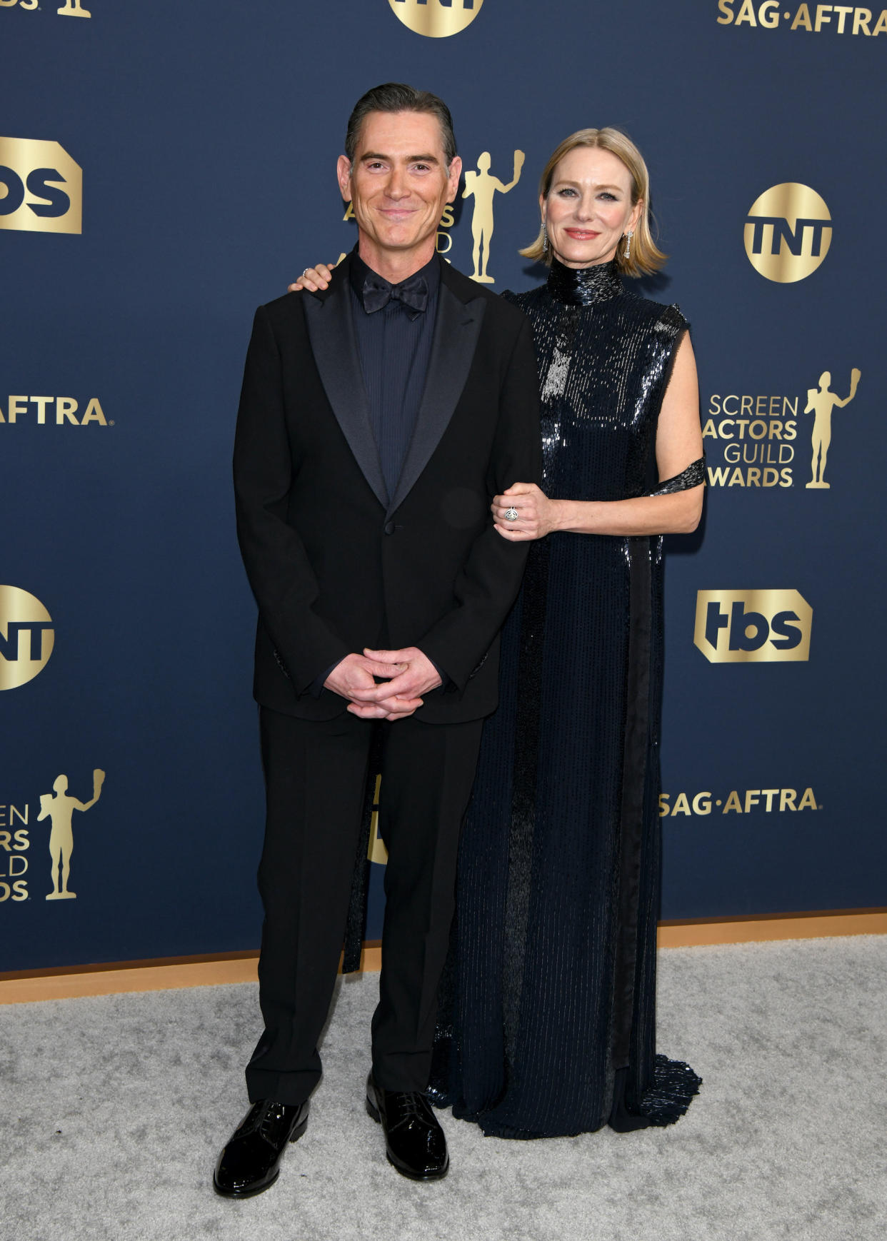 The actors made their red carpet debut as a couple at the 2022 Screen Actors Guild Awards at Barker Hangar on Feb. 27 in Santa Monica, California. (Axelle/Bauer-Griffin / FilmMagic)