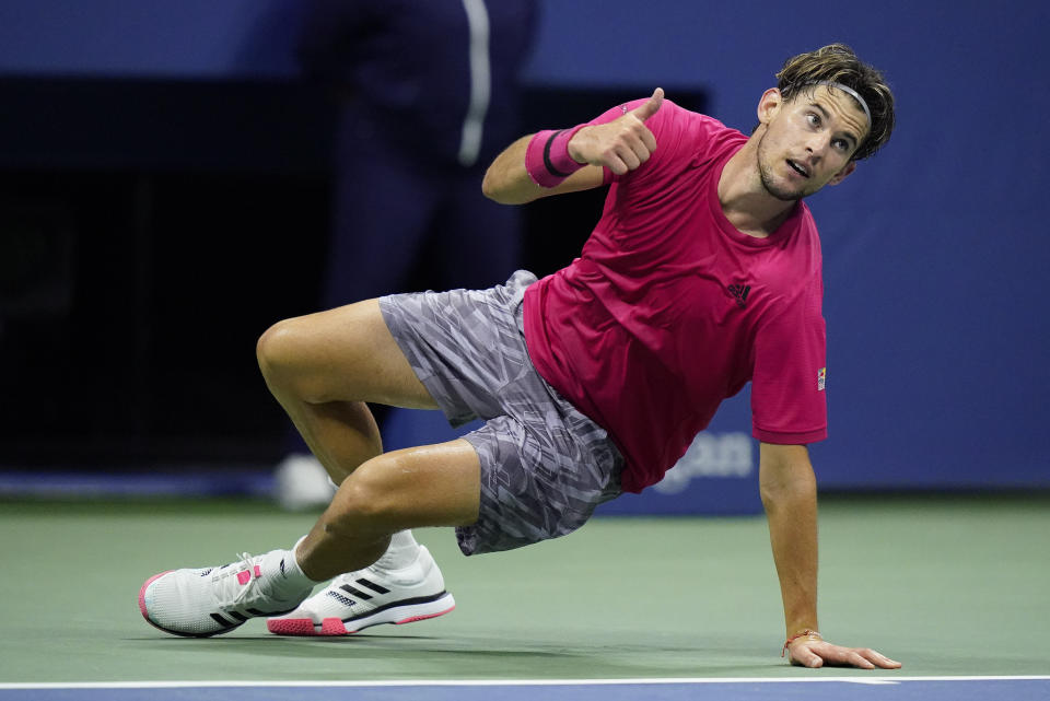 Dominic Thiem, of Austria, reacts during a men's semifinal match against Daniil Medvedev, of Russia, during the US Open tennis championships, Friday, Sept. 11, 2020, in New York. (AP Photo/Frank Franklin II)