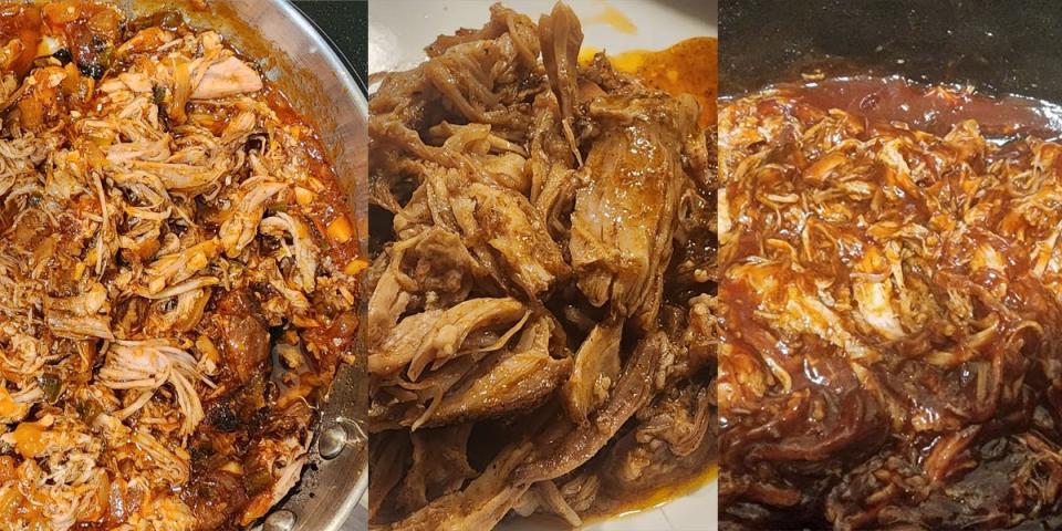 Split photo of three pulled-pork recipes.