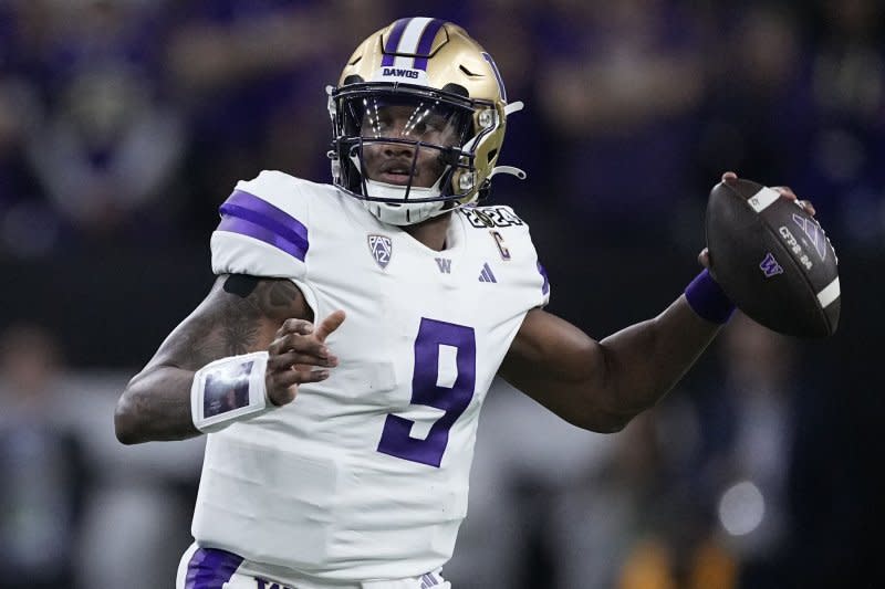 Washington Huskies quarterback Michael Penix Jr. is gaining momentum as a first-round pick consideration ahead of the 2024 NFL Draft. File Photo by Kevin M. Cox/UPI