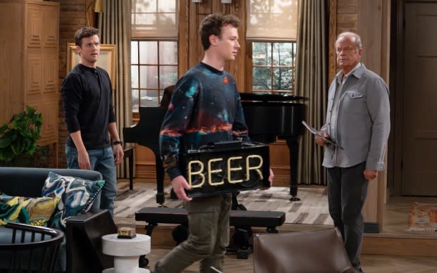 Jack Cutmore-Scott as Freddy Crane, Anders Keith as David, and Kelsey Grammer as Frasier Crane<p>Photo credit: Chris Haston/Paramount+</p>