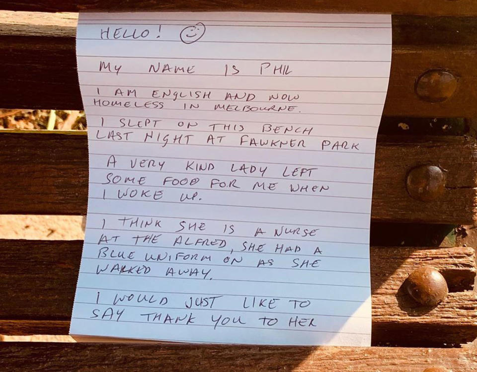 A note on a Fawkner Park bench from a homeless man thanks a nurse for leaving him food.