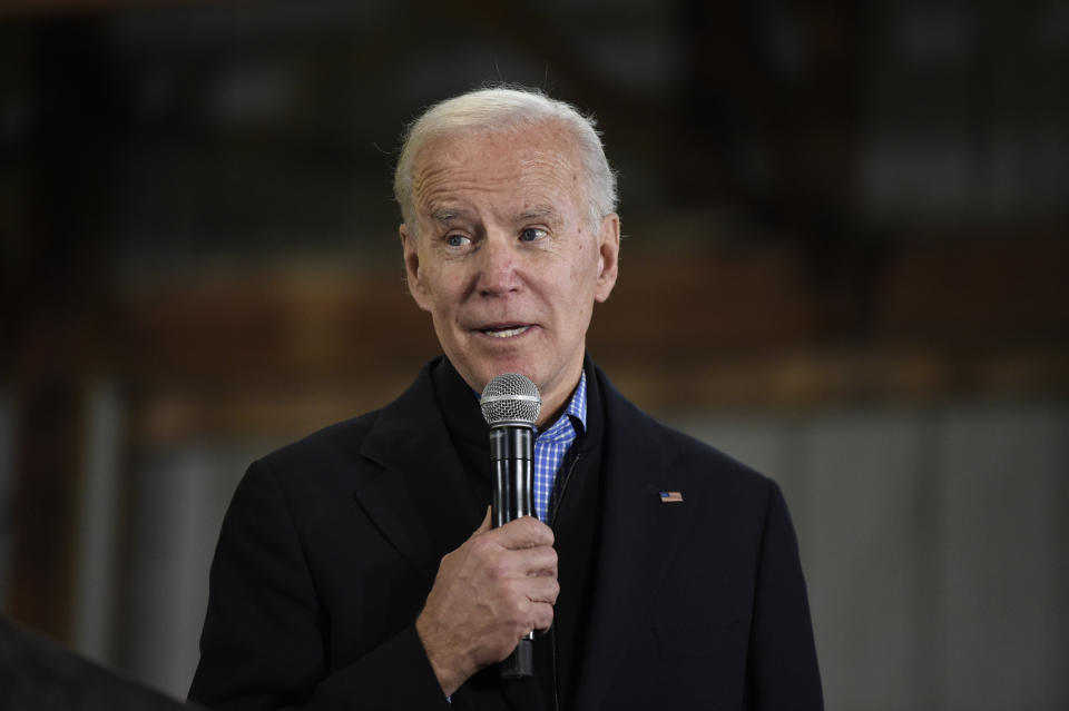 Democratic presidential candidate and former Vice President Joe Biden speaks at an oyster roast campaign event on Sunday, Jan. 19, 2020, in Orangeburg, S.C. (AP Photo/Meg Kinnard)