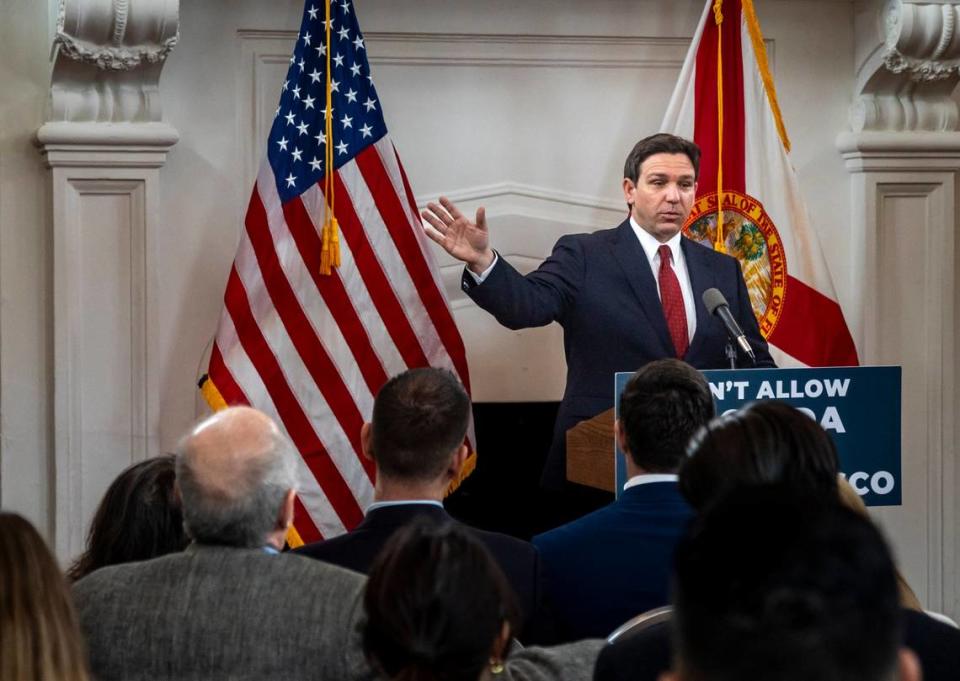 In this file photo from Feb. 2, 2024, Florida Governor Ron DeSantis speaks during an event at the Rum Room in Miami Beach. Jose A. Iglesias/jiglesias@elnuevoherald.com