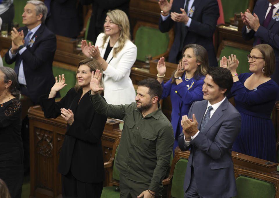 Ukrainian President Volodymyr Zelenskyy and Prime Minister Justin Trudeau recognize Yaroslav Hunka, who was in attendance in the House of Commons in Ottawa, Ontario, on Friday, Sept. 22, 2023. The speaker of Canada’s House of Commons apologized Sunday, Sept. 24, for recognizing Hunka, who fought for a Nazi military unit during World War II. Just after Zelenskyy delivered an address in the House of Commons on Friday, Canadian lawmakers gave the 98-year-old a standing ovation when Speaker Anthony Rota drew attention to him. (Patrick Doyle/The Canadian Press via AP)