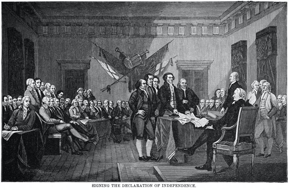 The Founders restricted voting to white men who owned property. <a href="https://www.gettyimages.com/detail/news-photo/signing-the-declaration-of-independence-illustration-news-photo/1314696624?adppopup=true" rel="nofollow noopener" target="_blank" data-ylk="slk:Universal History Archive/Universal Images Group via Getty Images;elm:context_link;itc:0;sec:content-canvas" class="link ">Universal History Archive/Universal Images Group via Getty Images</a>
