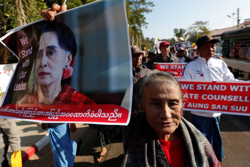 People gather to rally in support of Myanmar State Counsellor Aung San Suu Kyi in Bago