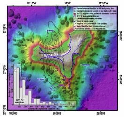 The most recent topography of El Hierro volcano, part of the Canary Islands near Spain.