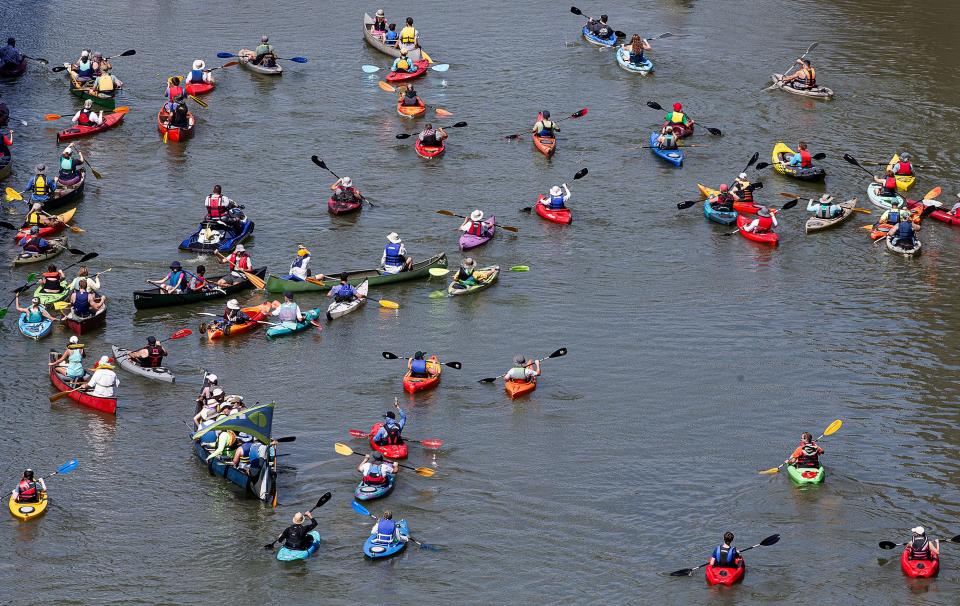 Paddlers made their way through the McAlpine Locks at the Labor Day Hike, Bike & Paddle at Waterfront Park in Louisville, Ky. on Monday, Sept. 4, 2023.