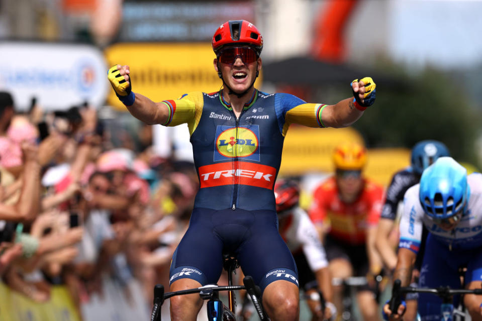 LIMOGES FRANCE  JULY 08 Mads Pedersen of Denmark and Team LidlTrek celebrates at finish line as stage winner during  the stage eight of the 110th Tour de France 2023 a 2007km stage from Libourne to Limoges  UCIWT  on July 08 2023 in Limoges France Photo by Michael SteeleGetty Images