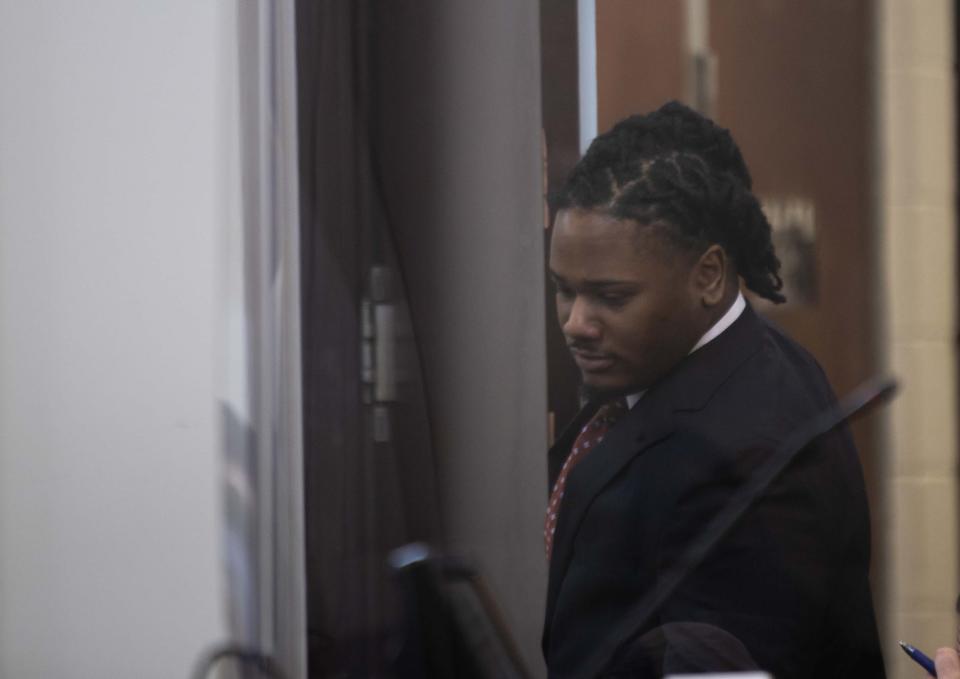 Devaunte Lewis Hill  walks into the court room at Justice A.A. Birch Building  in Nashville, Tenn., Wednesday, Jan. 25, 2023. Hill is charged with the murder of Caitlyn Kaufman 