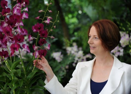 Australian Prime Minister Julia Gillard at the National Orchid Garden in Singapore on April 23. Gillard has defended her appointment of Peter Slipper as Australia's speaker as court documents alleged he used his position to pursue sexual relations with male employees