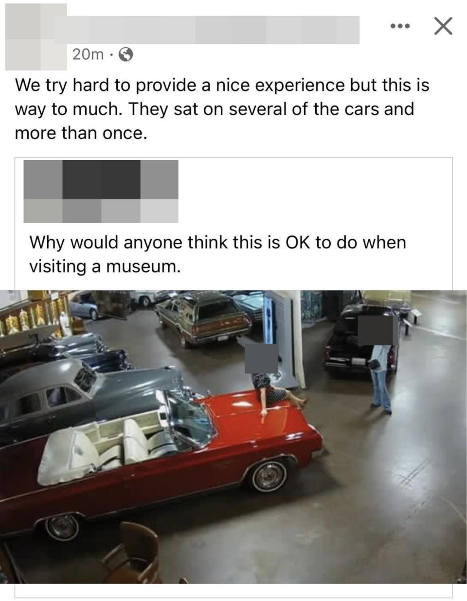 A picture shows someone sitting on a classic car at a museum, and an employee says the person pictured did this on numerous cars and more than once