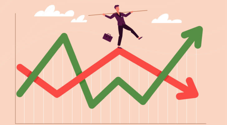 Graphic of man balancing on green and red volatile arrows on stock graph with beige background. crypto vs stock investment comparison. Beaten-Down Stocks
