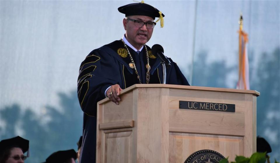 UC Merced Chancellor Dr. Juan Sánchez Muñoz delivers his speech during UC Merced’s 2023 spring commencement ceremony on Friday, May 12, 2023. Shawn Jansen/Sjansen@mercedsun-star.com