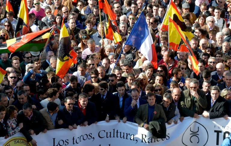 Pro-bullfighting supporters wave flags as they demonstrate during the Fallas Festival in Valencia, on March 13, 2016