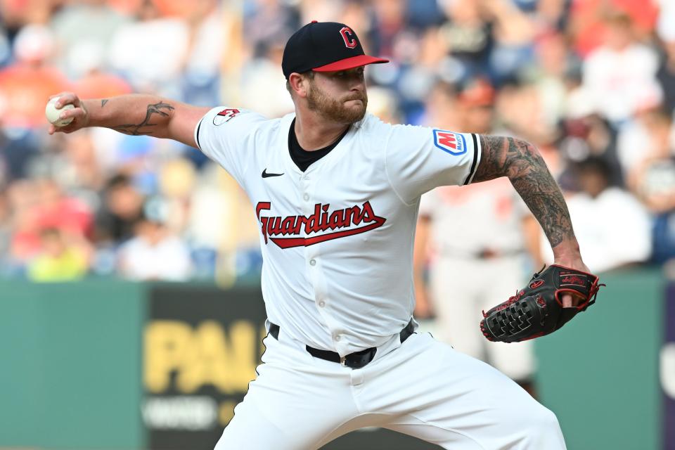 Aug 1, 2024; Cleveland, Ohio, USA; Cleveland Guardians starting pitcher Ben Lively (39) throws a pitch during the first inning against the Baltimore Orioles at Progressive Field. Mandatory Credit: Ken Blaze-USA TODAY Sports