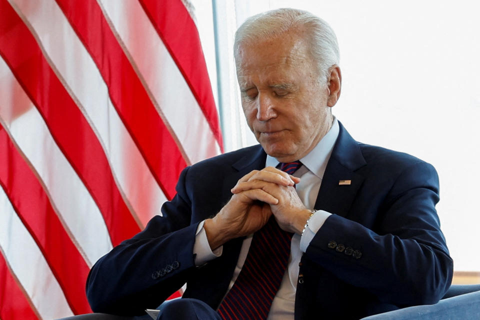 U.S. President Joe Biden meets with Ukrainian President Volodymyr Zelenskiy (not pictured), during the G7 Summit at the Grand Prince Hotel in Hiroshima, Japan, May 21, 2023. REUTERS/Jonathan Ernst