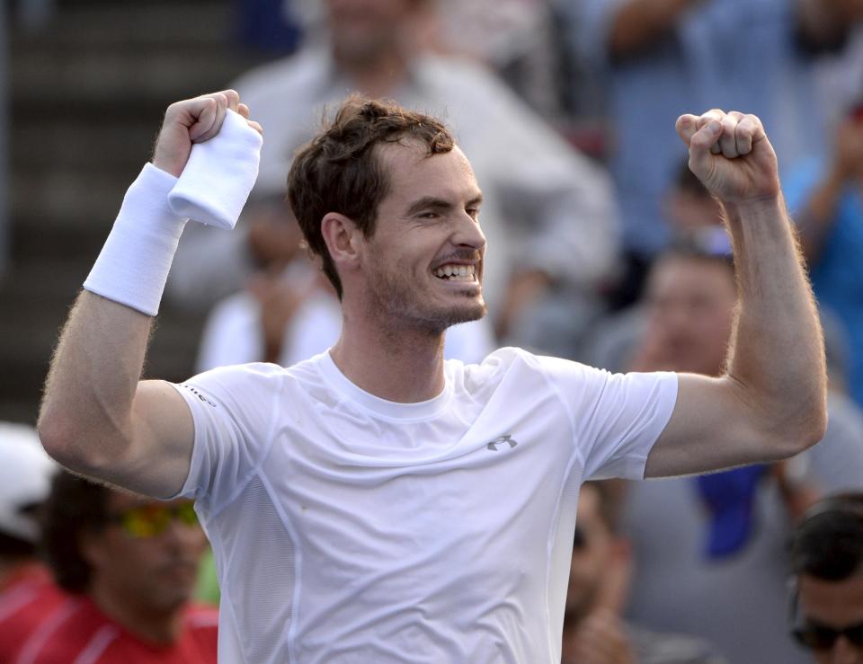 Aug 16, 2015; Montreal, Quebec, Canada; Andy Murray of Great Britain reacts after winning against Novak Djokovic of Serbia (not pictured) during the Rogers Cup tennis tournament final at Uniprix Stadium. Mandatory Credit: Eric Bolte-USA TODAY Sports      TPX IMAGES OF THE DAY