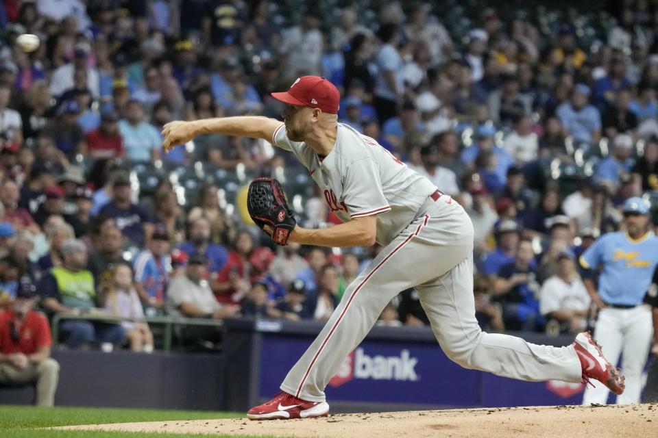 Philadelphia Phillies starting pitcher Zack Wheeler throws during the first inning of a baseball game against the Milwaukee Brewers Friday, Sept. 1, 2023, in Milwaukee. (AP Photo/Morry Gash)