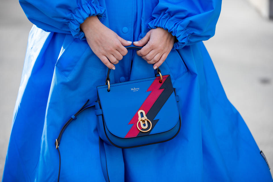 PARIS, FRANCE - FEBRUARY 29: Carolina Ogliaro is seen wearing blue coat and belt Balenciaga, Mulberry bag during Paris Fashion Week - Womenswear Fall/Winter 2020/2021 : Day Six on February 29, 2020 in Paris, France. (Photo by Christian Vierig/Getty Images)