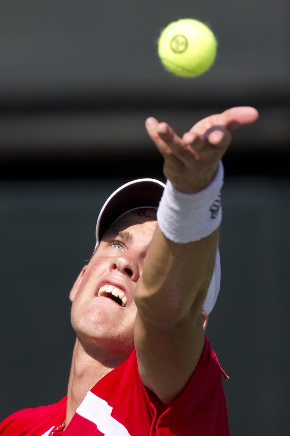 Canadian tennis player Vasek Pospisil serves the ball to Israeli player Dudi Sela during their Davis Cup match on September 16, 2011 at the Canada stadium in Ramat Hasharon, north of Tel Aviv. Israel is facing Canadian in the Davis Cup world group play-offs between September 16-18 in which the winners advance to World Group in 2012. AFP PHOTO/JACK GUEZ (Photo credit should read JACK GUEZ/AFP/Getty Images)