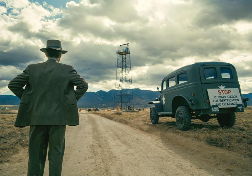 Murphy stares at a replica, created for Oppenheimer, of the 100-foot tower that held the world’s first nuclear bomb.