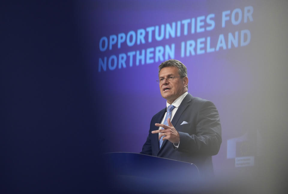 European Commissioner for Inter-institutional Relations and Foresight Maros Sefcovic speaks during a media conference regarding trade and Northern Ireland at EU headquarters in Brussels, Wednesday, Oct. 13, 2021. (AP Photo/Virginia Mayo)