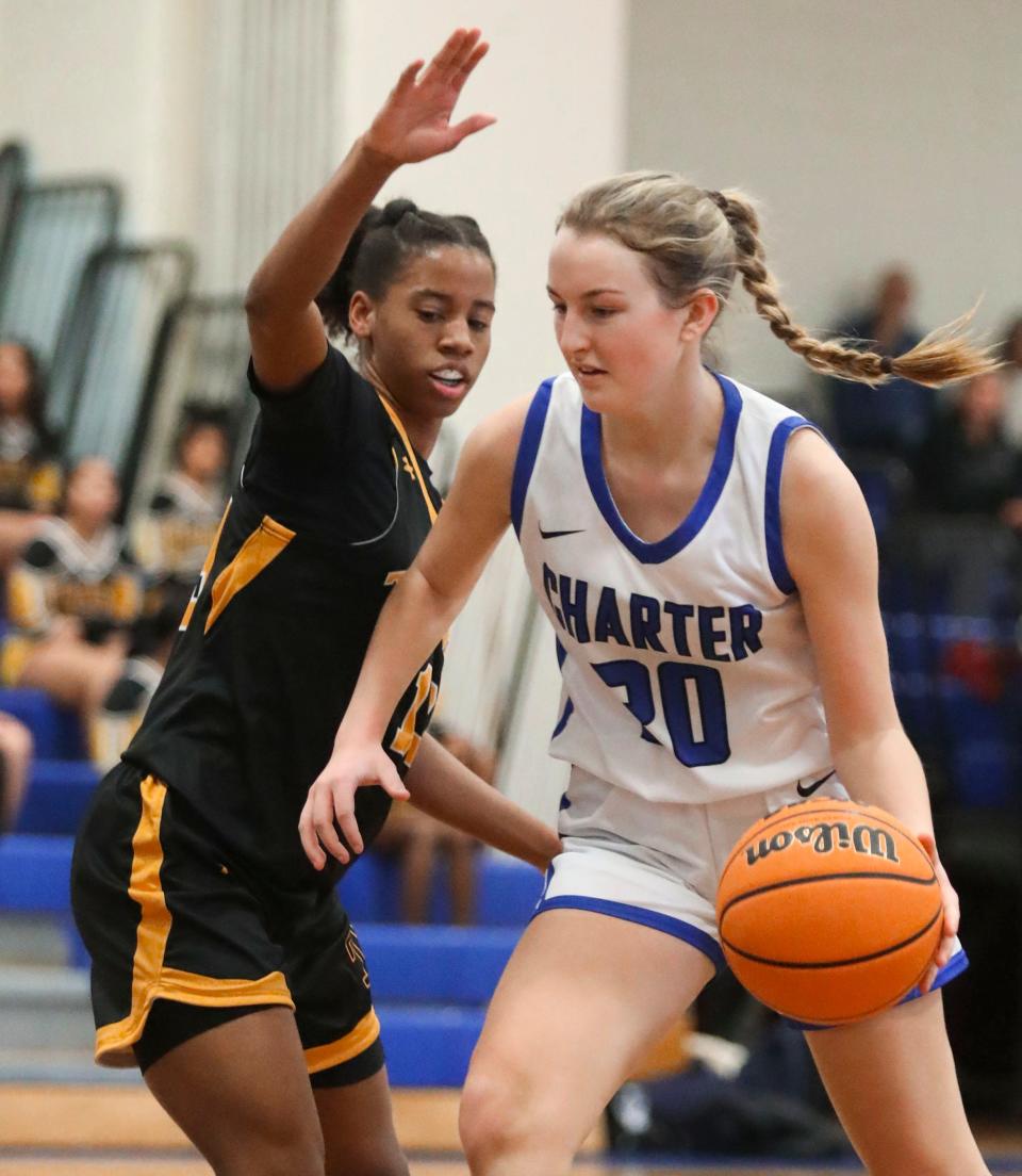 Tatnall's Cherish Bryant (left) guards Charter School of Wilmington's Catherine Cole in the first half of the Hornets' 58-31 win at Charter, Thursday, Feb. 9, 2023.
