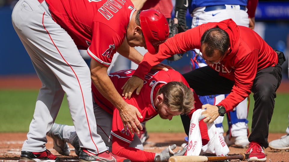 Taylor Ward has been through a lot since being hit in the face by a pitch from Blue Jays right-hander Alek Manoah. (Photo by Mark Blinch/Getty Images)