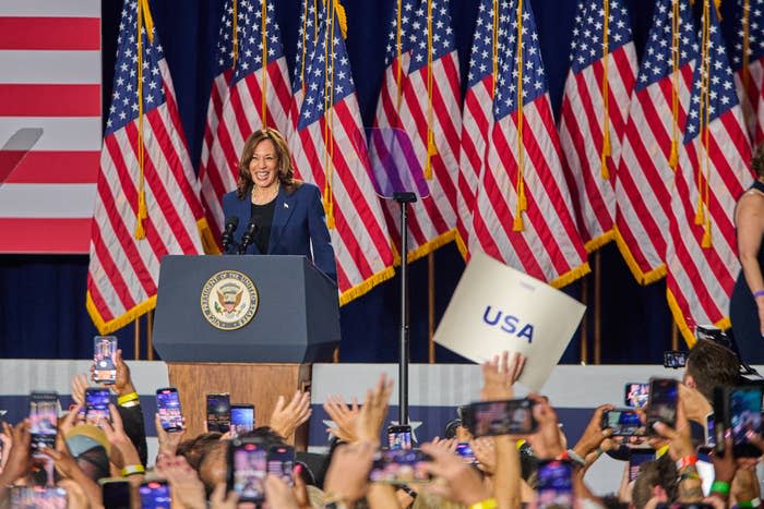 Kamala Harris speaks at a podium with the Vice Presidential seal, surrounded by American flags, while a crowd takes photos and holds signs