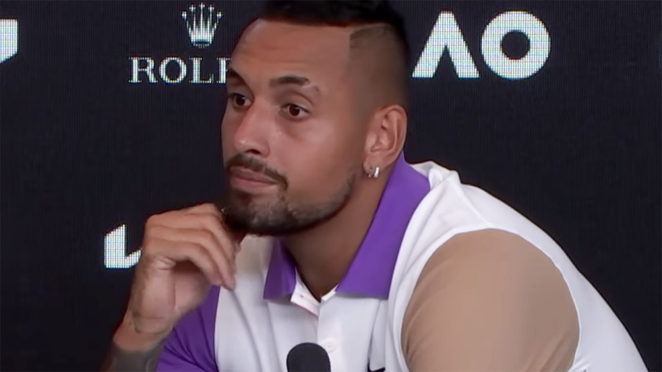 Nick Kyrgios admitted the thought of fronting the press if he lost his second round match to Ugo Humbert crossed his mind before he was able to mount a fourth set comeback. Picture: Australian Open TV